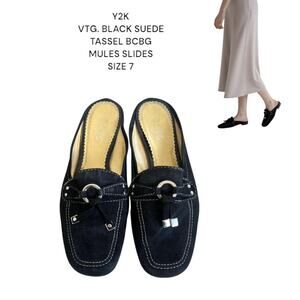Y2K BLACK SUEDE TASSEL BCBG‎ SLIDES MULES SIZE 7.